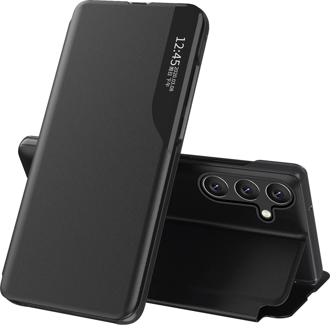 Mbështjellës Hurtel Eco Leather View Case për Samsung Galaxy S25+, e zezë