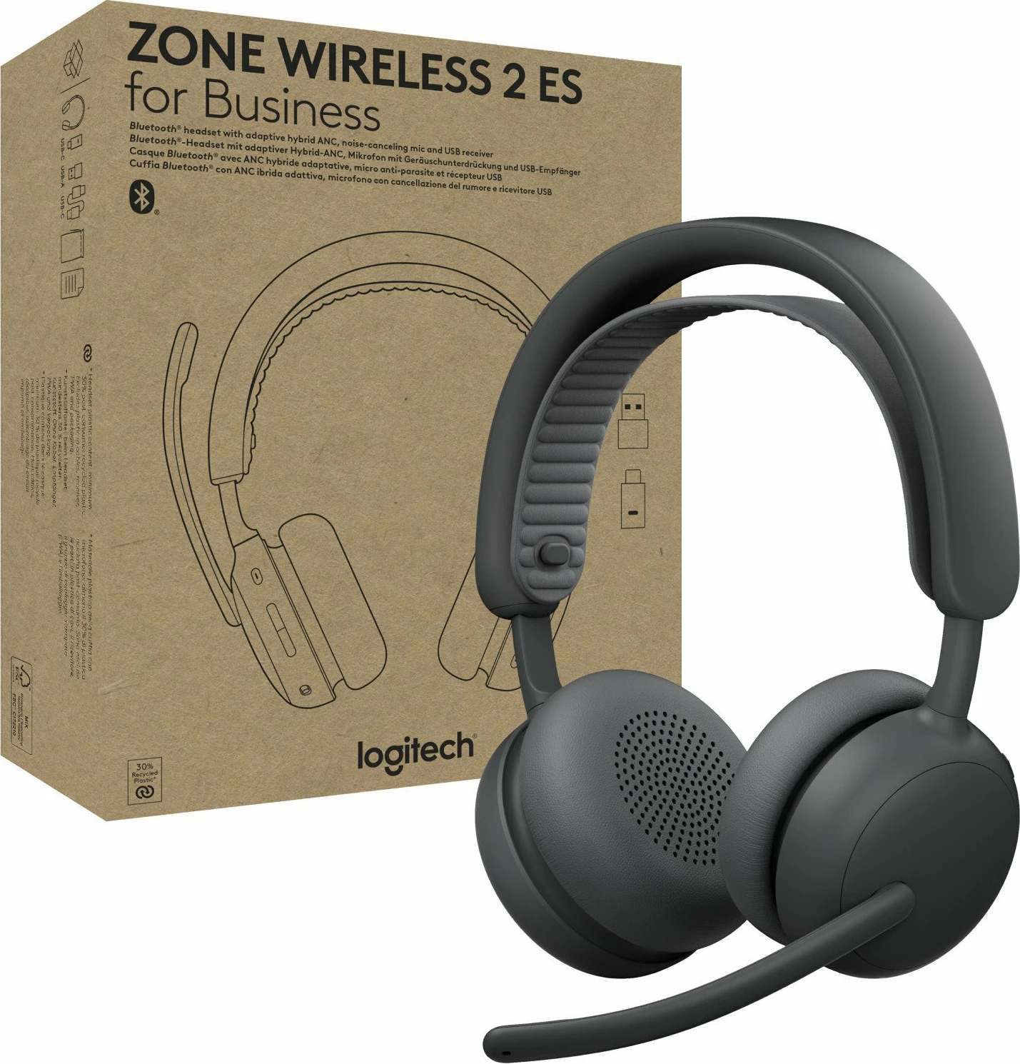 Kufje Logitech Zone Wireless 2 ES (981-001503), wireless Bluetooth 5.3, ANC, USB-C, të zeza, me çantë