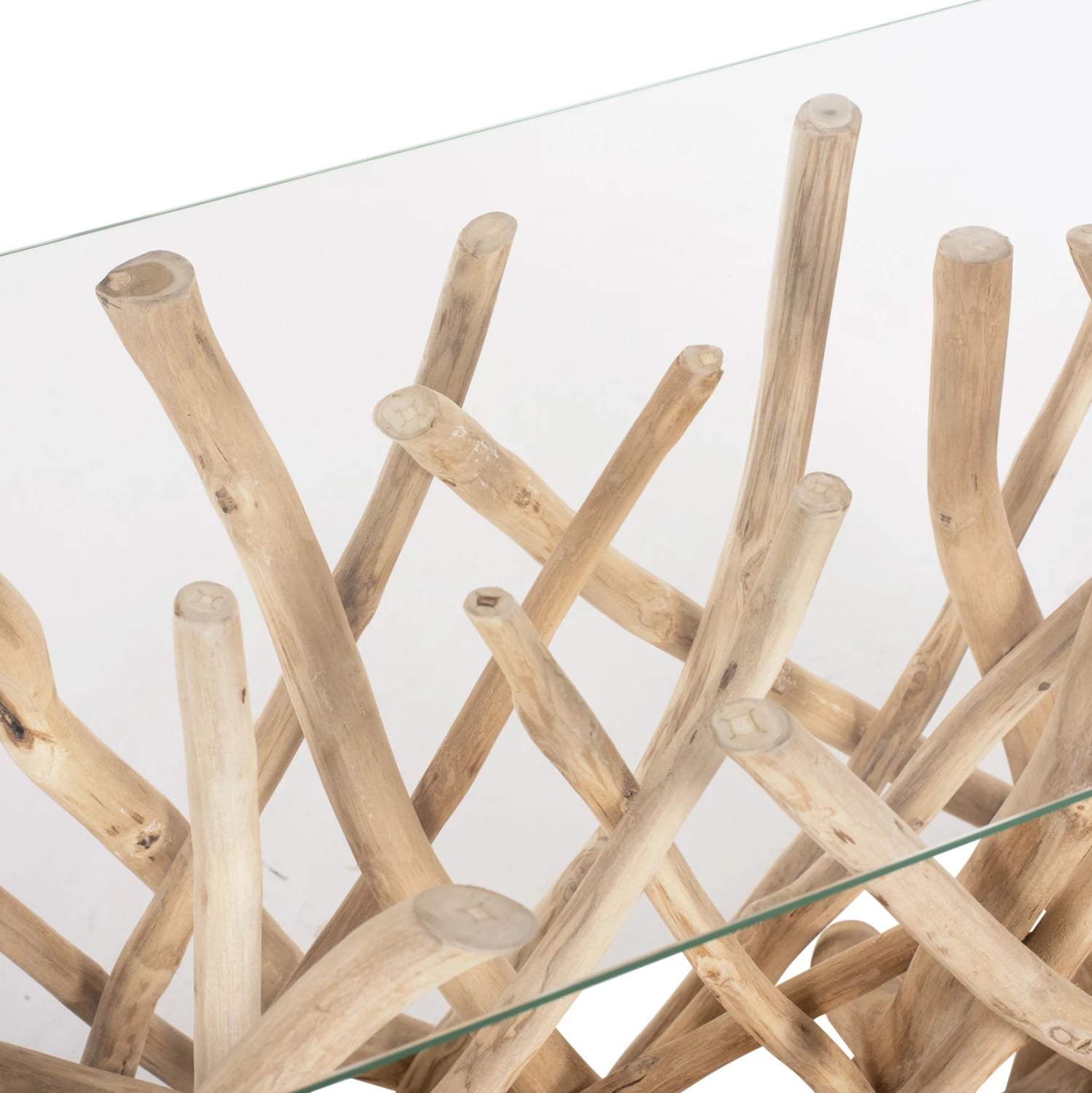 Konsolë në stil rustik, degë teak të ngurta, ngjyrë natyrale & xham, 120x35x75H cm, FH9373