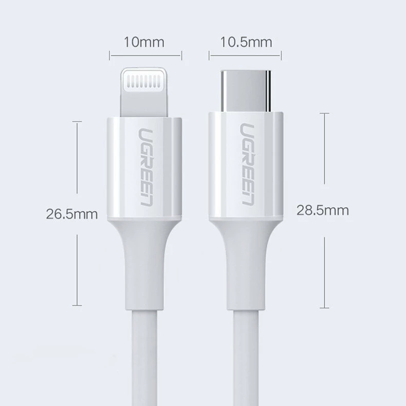 Kabllo Ugreen USB-C në Lightning US171, 1.5m, 20W, 3A, e bardhë