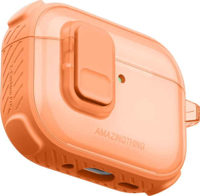 Mbështjellës për kufje, AmazingThing, Titan Pro Mag Case Clear për AirPods Pro 3, me karabiner, kompatibil me karikim wireless, portë me bllokim të brendshëm, port kundër goditjeve PC/TPU, portokalli