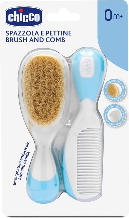 Set furçë dhe krehër për fëmijë Chicco natural bristle brush + comb unisex blu, 2 copë