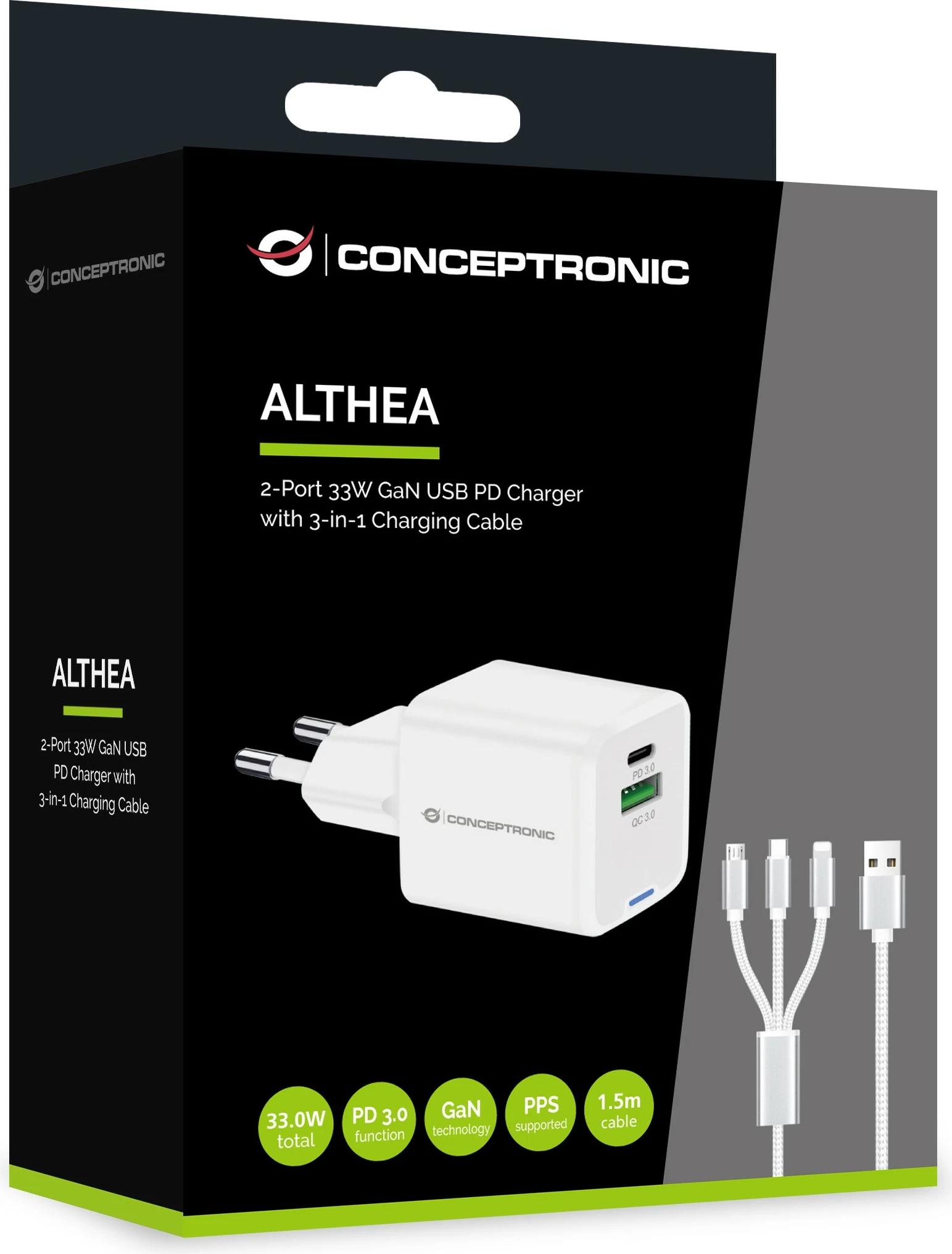 Karikues Conceptronic 2Port GaN 3-in-1 33WPD3.0/PPS i bardhë