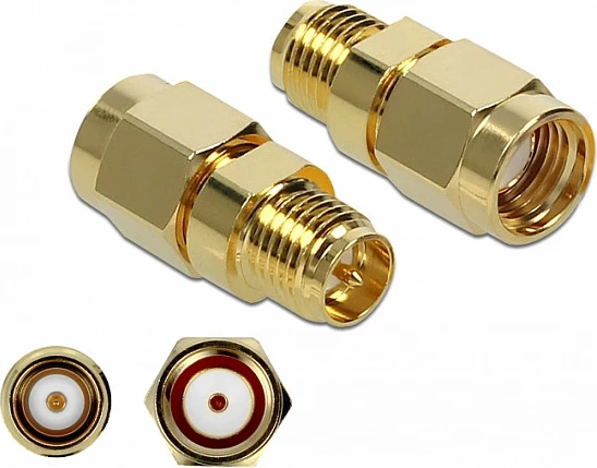 Adapter RF DeLOCK 89977, RP-SMA mashkull në RP-SMA femër, 50Ω, ar