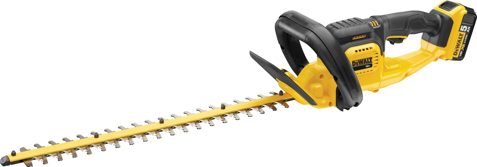 Gërshërë gardhi akumulatorike Dewalt DCM563P1 18V 5.0Ah, shpatë 55 cm, prerje 19 mm, e verdhë/zezë, set me bateri 5.0Ah dhe karikues