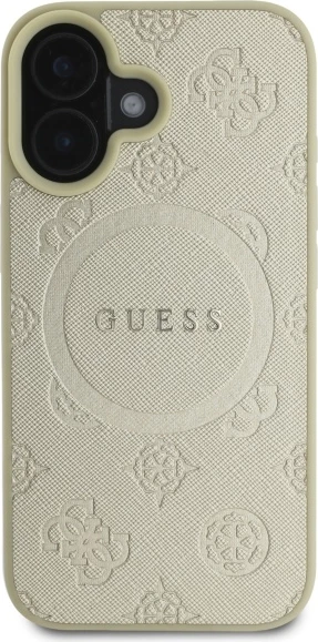 Mbështjellës Guess Saffiano Peony Classic Logo MagSafe për iPhone 16, ari