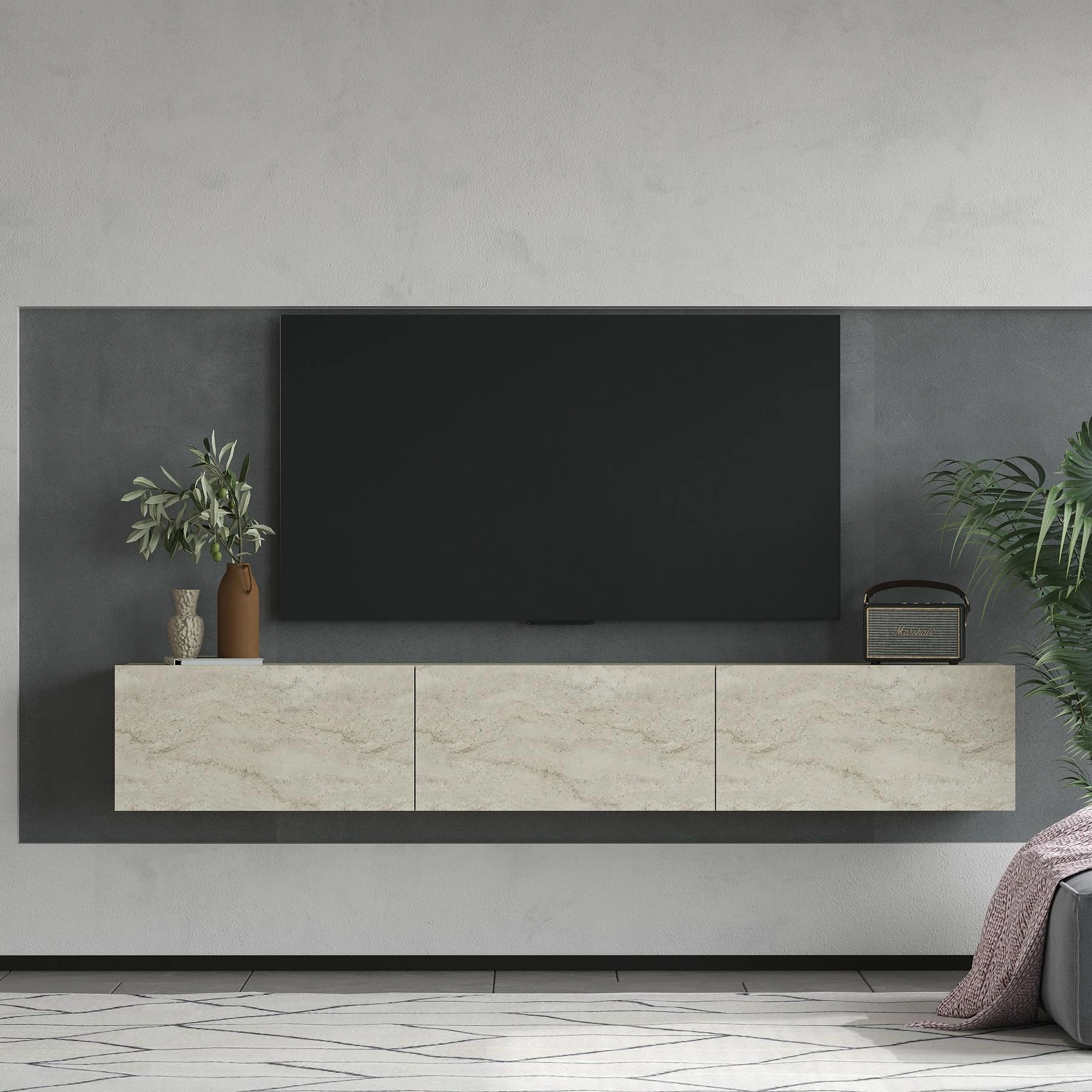Komodë TV Skye Decor, ngjyrë travertin, Alfa