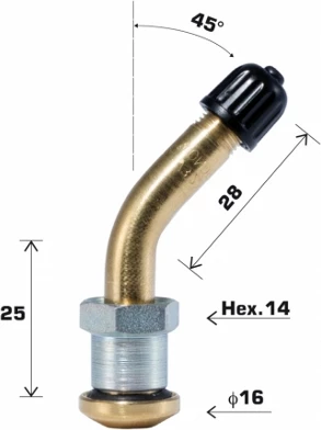 Ventil tubeless për gomë kamioni Trayal 2123, vrimë 9.7mm, i lakuar 45°