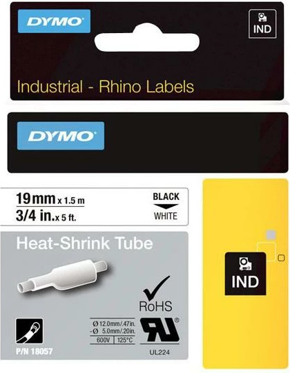 Tubë termo-ngushtuese për etiketime, Dymo, RhinoPRO 18057 (S0718330), 19mm x 1.5m, e bardhë/zezë