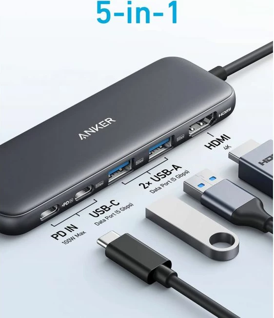 Hub USB-C Anker 332 A8355H11, 5-në-1, HDMI 4K@30Hz, PD-in 100W/85W, 5Gbps, gri e errët