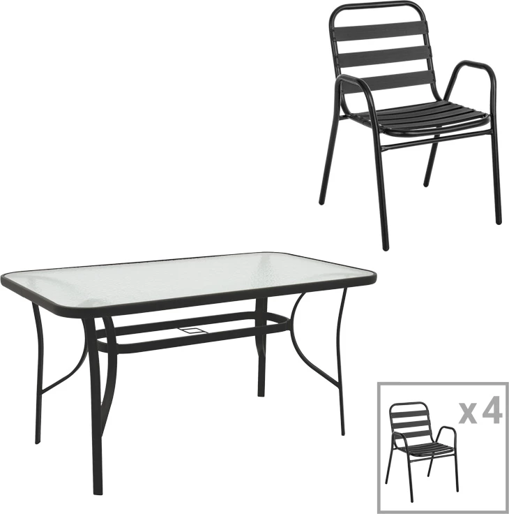 Tavolinë me karrige Sussie-Ensure, 5 copë, metal-xham, ngjyrë e zezë, 140x80x70cm