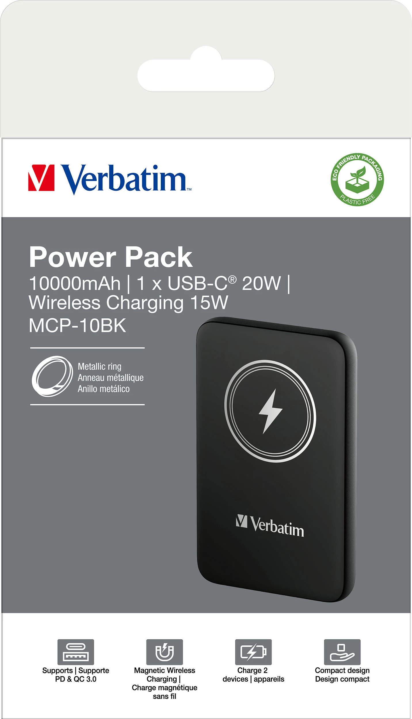 Power bank Verbatim Charge 'n' Go Magnetic 10000mAh, wireless 15W, USB-C PD 20W, i zi