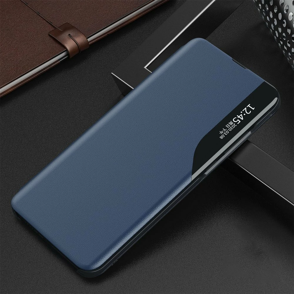 Mbështjellës Hurtel Eco Leather View Case për Samsung Galaxy A72, me kapak dhe mbajtës, Kaltër
