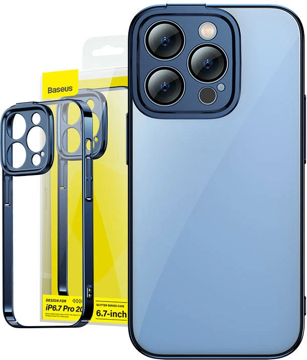 Mbështjellës Baseus Glitter me xham të temperuar për iPhone 14 Pro Max, Blu