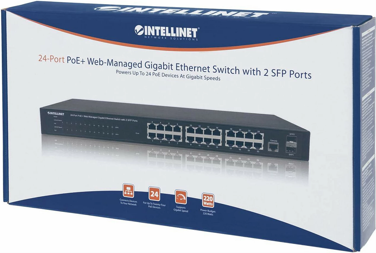 Switch Intellinet 560559, 24-Port Gigabit PoE+, Web-Managed, 2x SFP, 19" Rack, i zi