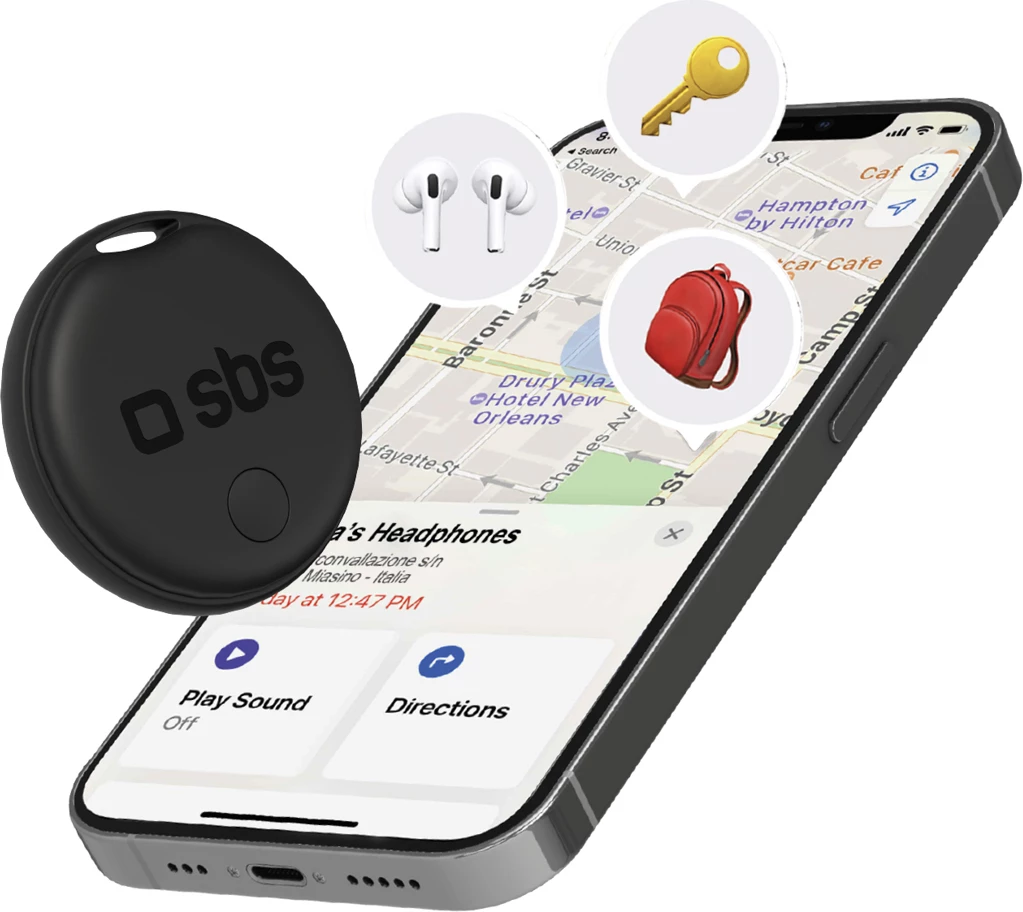 Gjurmues për sende, SBS Track My Circle, kompatibil me Apple Find My, alarm 90–100 dB, IP65, bateri CR2032, i zi