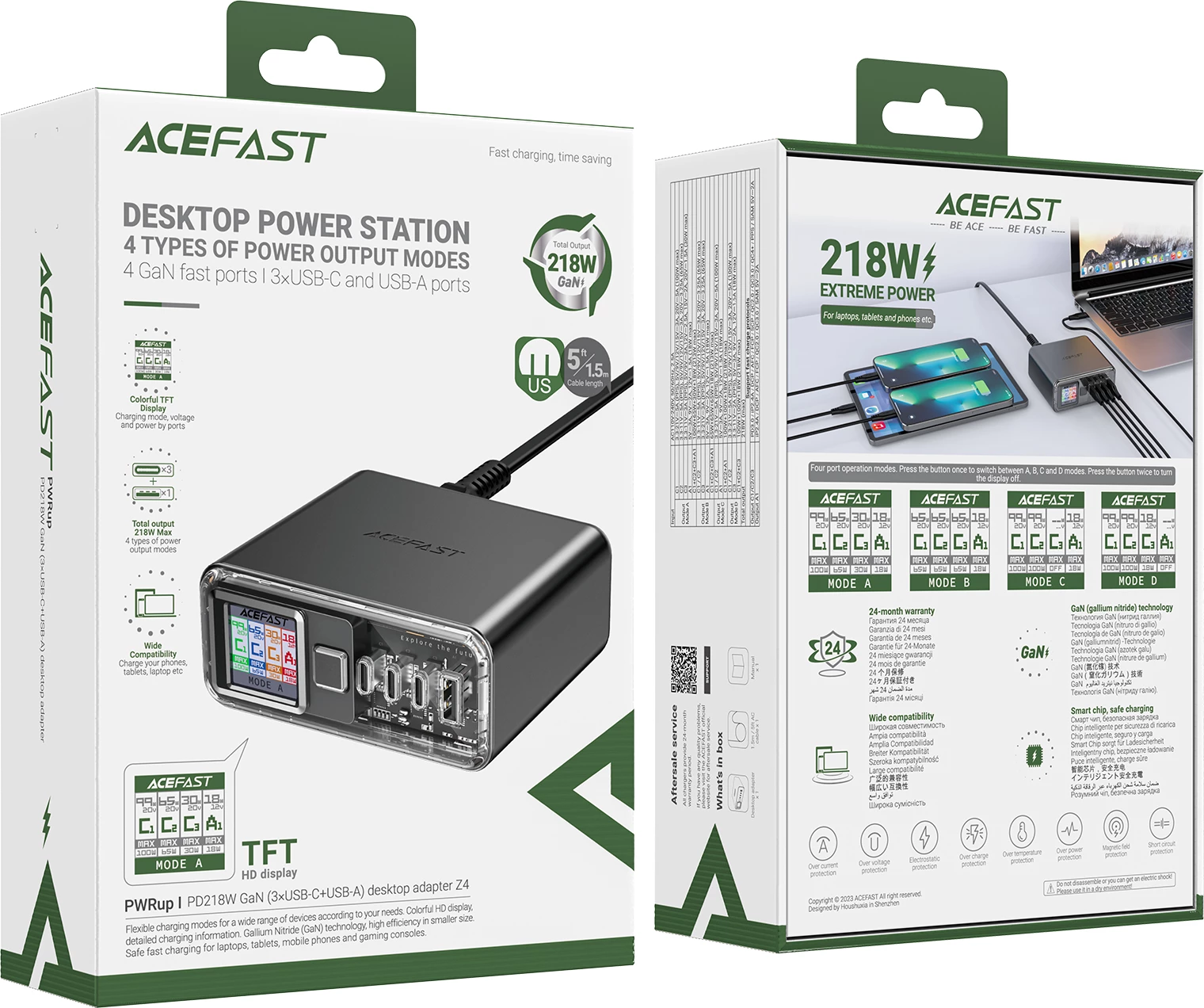 Adapter multifunksional Acefast Z4, 218W, 3x USB-C + 1x USB-A, ekran TFT, Gri