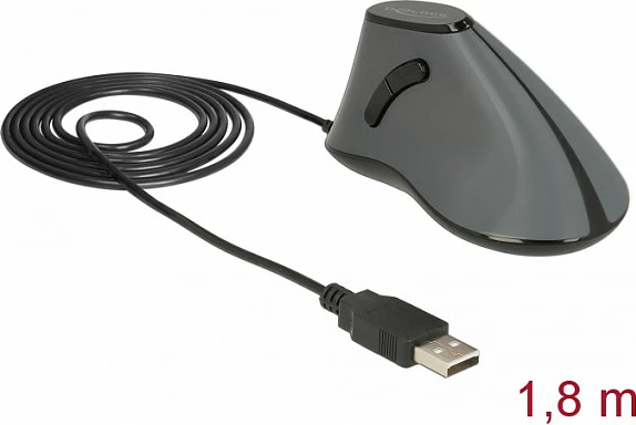 Maus vertikal DeLOCK 12527, USB-A, 800 DPI, me kabllo 1.8 m, zi/gri