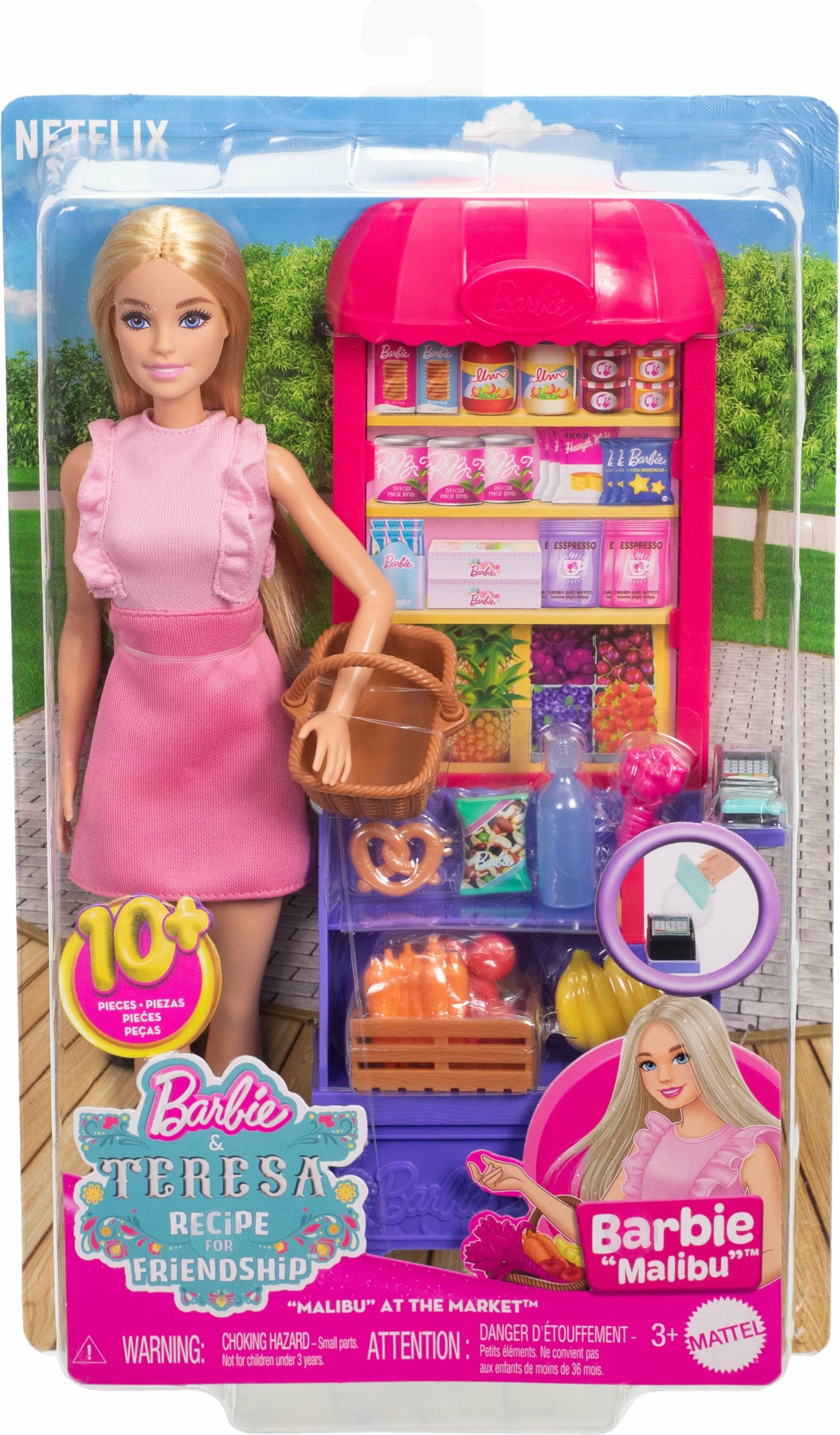Set kukulle Barbie Mattel Barbie Malibu JCT05 me tezgë marketi dhe 11 aksesorë, rozë
