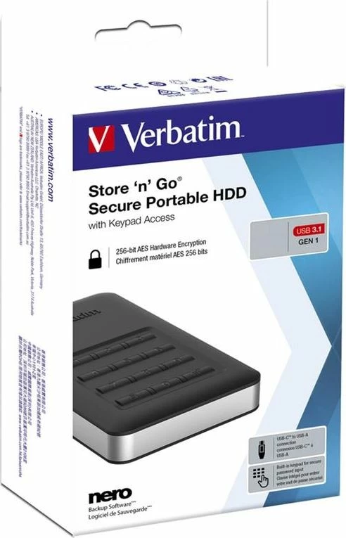 HDD i jashtëm Verbatim Store 'n' Go Secure 53403 2TB USB 3.1 2.5", zi/argjend