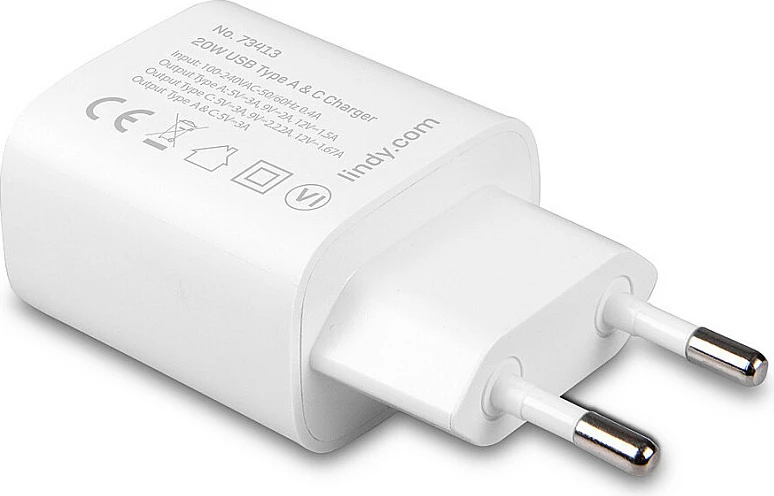 Karikues muri LINDY 73413, 20W, 2 porta (USB-C PD + USB-A), i bardhë