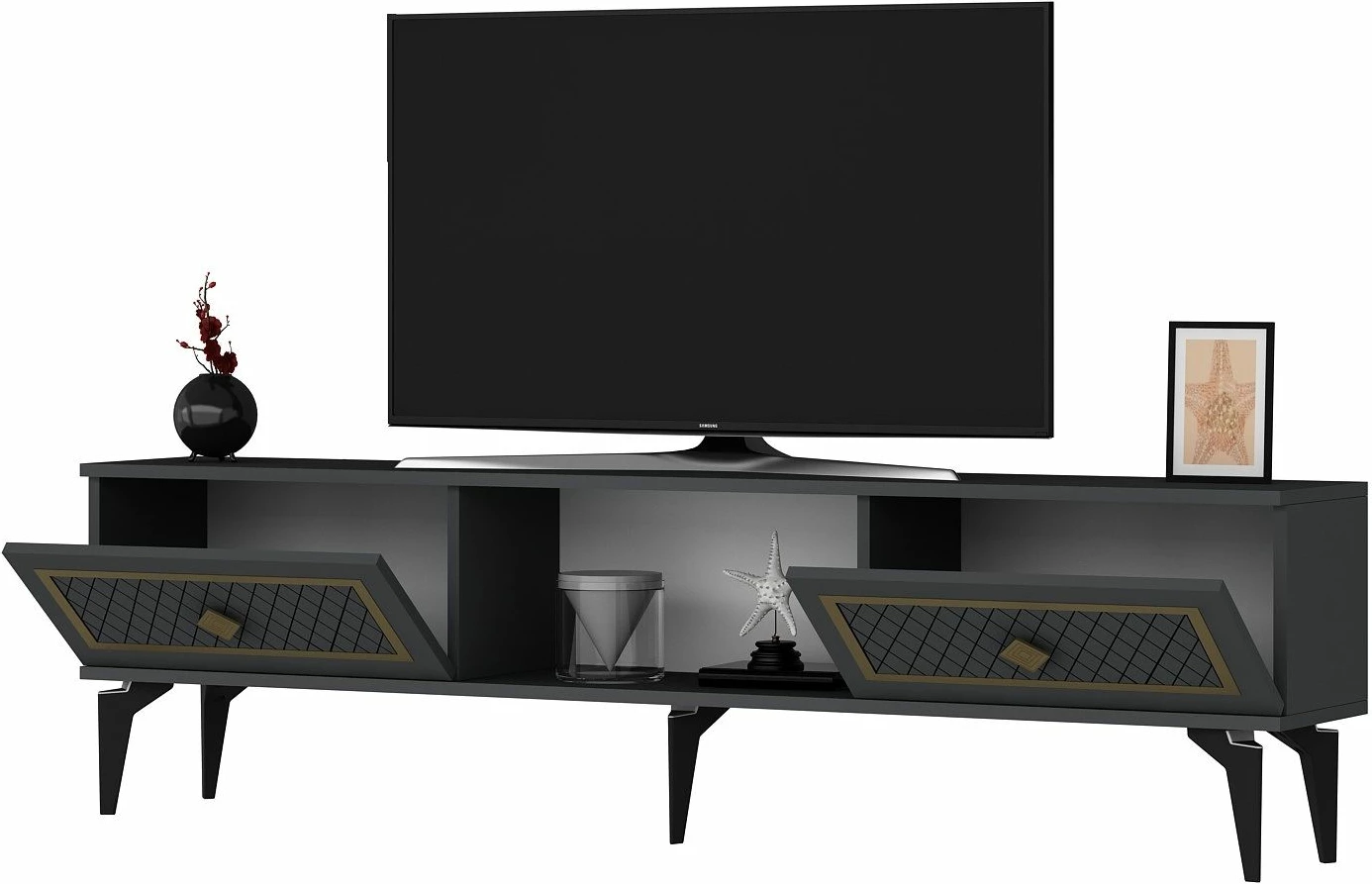 Komodë TV Skye Decor, ngjyrë antracit, detaje ari