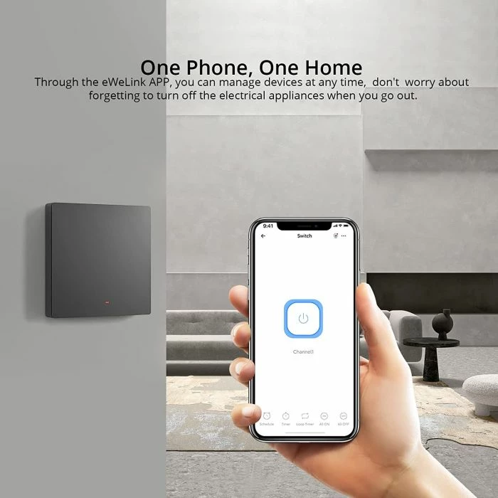Switch muri smart SONOFF M5-1C-80, Wi‑Fi 2.4GHz, 1-kanal, standard EU, AC 120-240V, gri e errët, single