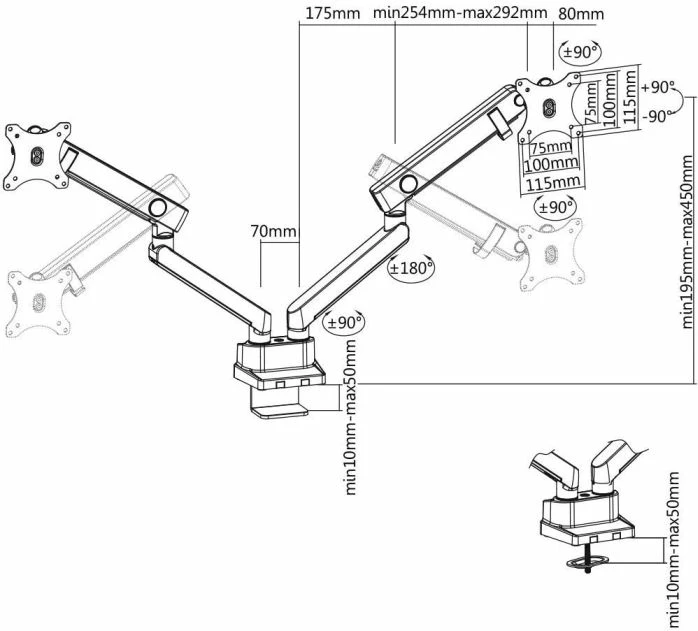 Mbajtës për dy monitorë ICYBOX IB-MS314-T deri 32", VESA 75x75/100x100, me kllapë ose montim në vrimë, i zi