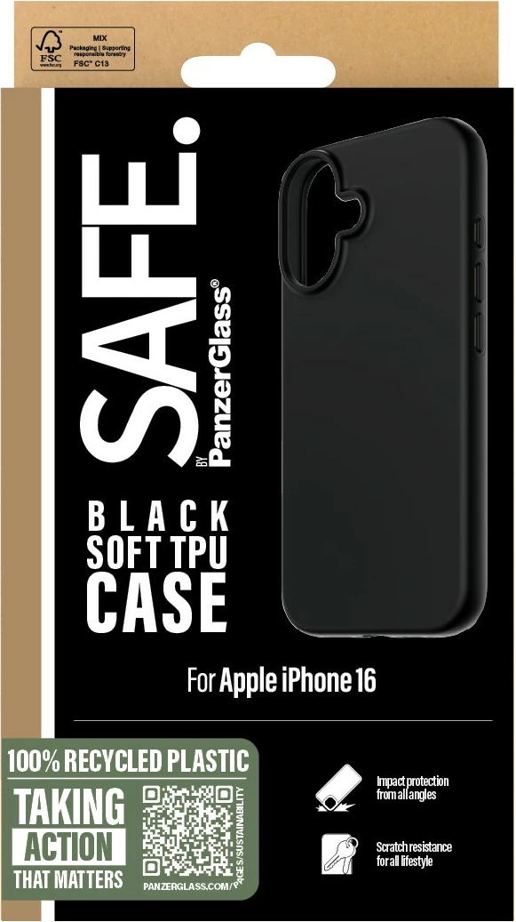 Mbështjellës PanzerGlass për iPhone 16, TPU, i zi