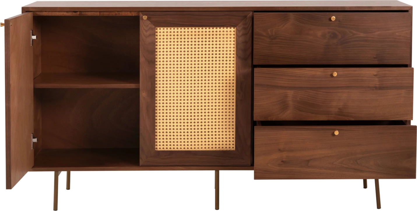 Bufet MEEN, FH9735, MDF, me furnir arre natyrale, këmbë metali të arta, 150x40x80H cm