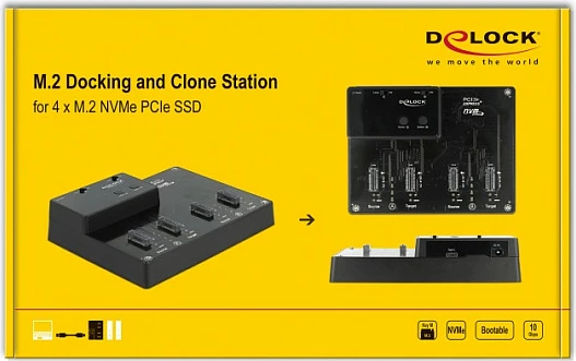 Docking station DeLOCK M.2 për 4x NVMe PCIe SSD, USB-C 10 Gbit/s, me klonim, e zezë