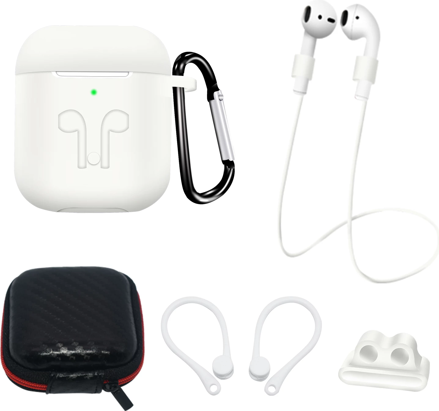Set mbështjellës silikoni për AirPods 2/1 Hurtel, me karabiner, rrip qafe, ear hook, mbajtëse për orë, Bardhë