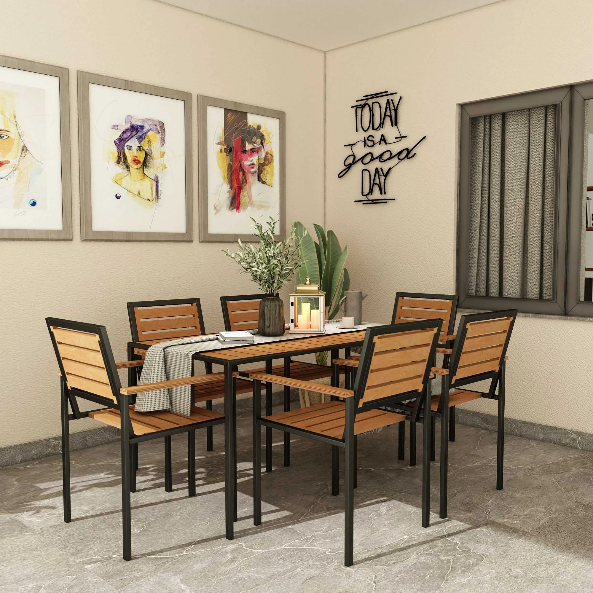 Tavolinë me karrige për terasë, 7 copë, ngjyrë teak, Skye Decor, CPT7707-150