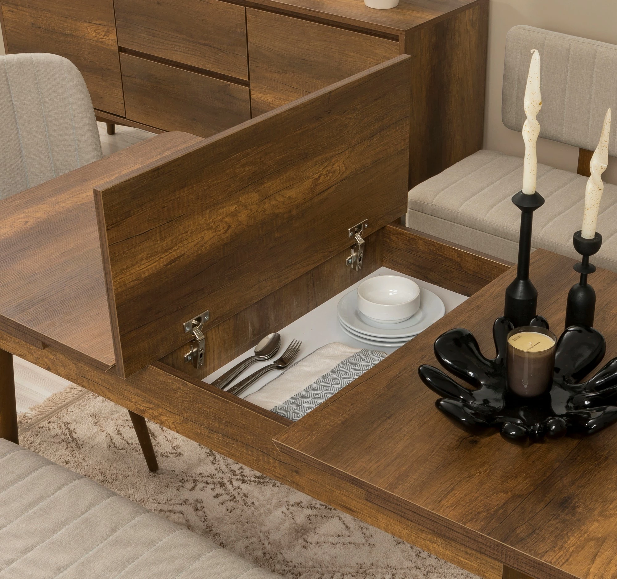 Set tavoline me karrige për ngrënie, zgjatues, 6 pjesë, Skye Decor, ngjyrë arre, krem