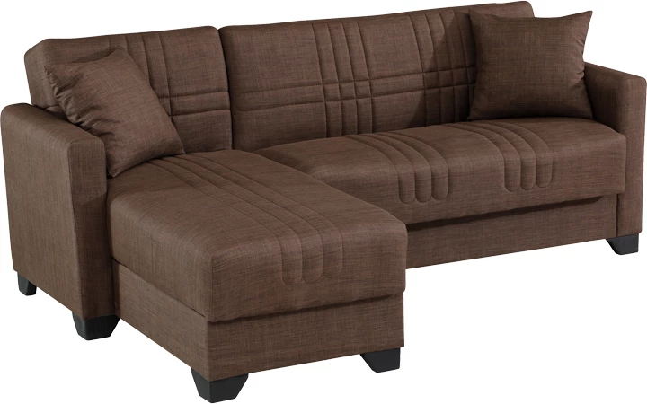 Këndore divan-krevat Stashio, material stof, ngjyrë kafe, këmbë të zeza, 202x143x84cm