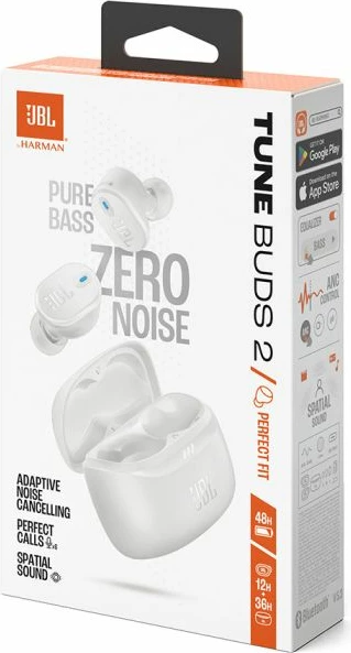 Kufje JBL Tune Buds 2 True Wireless, ANC adaptiv, Bluetooth 5.3, 48 orë bateri, IP54, e bardhë, me kuti karikimi
