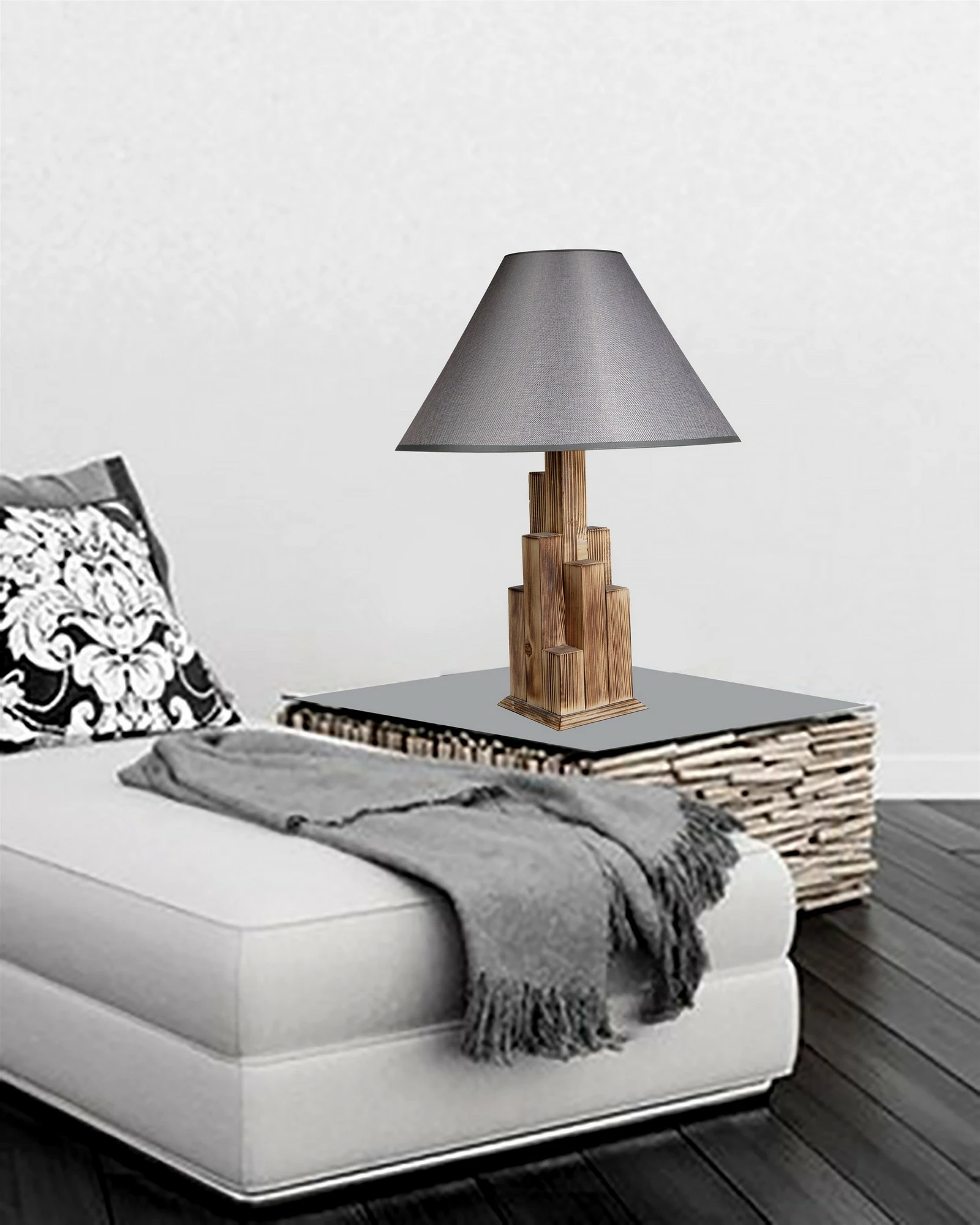 Llambë tavoline Opviq, trup druri, abazhuri gri, Kule Yanık Ahşap Pramit Hasır