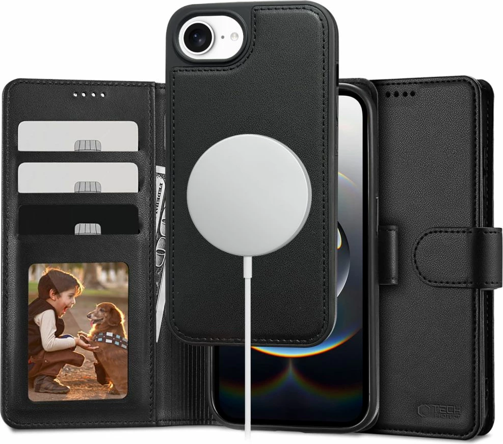 Mbështjellës Tech-Protect Wallet MagSafe për iPhone 16e, i zi, me vend për kartela