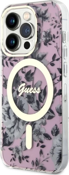 Mbështjellës Guess GUHMP14LHCFWSP për iPhone 14 Pro 6.1", Flower MagSafe, rozë