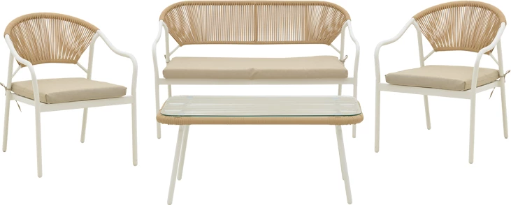 Set Bonanza për sallon, 4 pjesë, ratan bezhë-alumin i bardhë