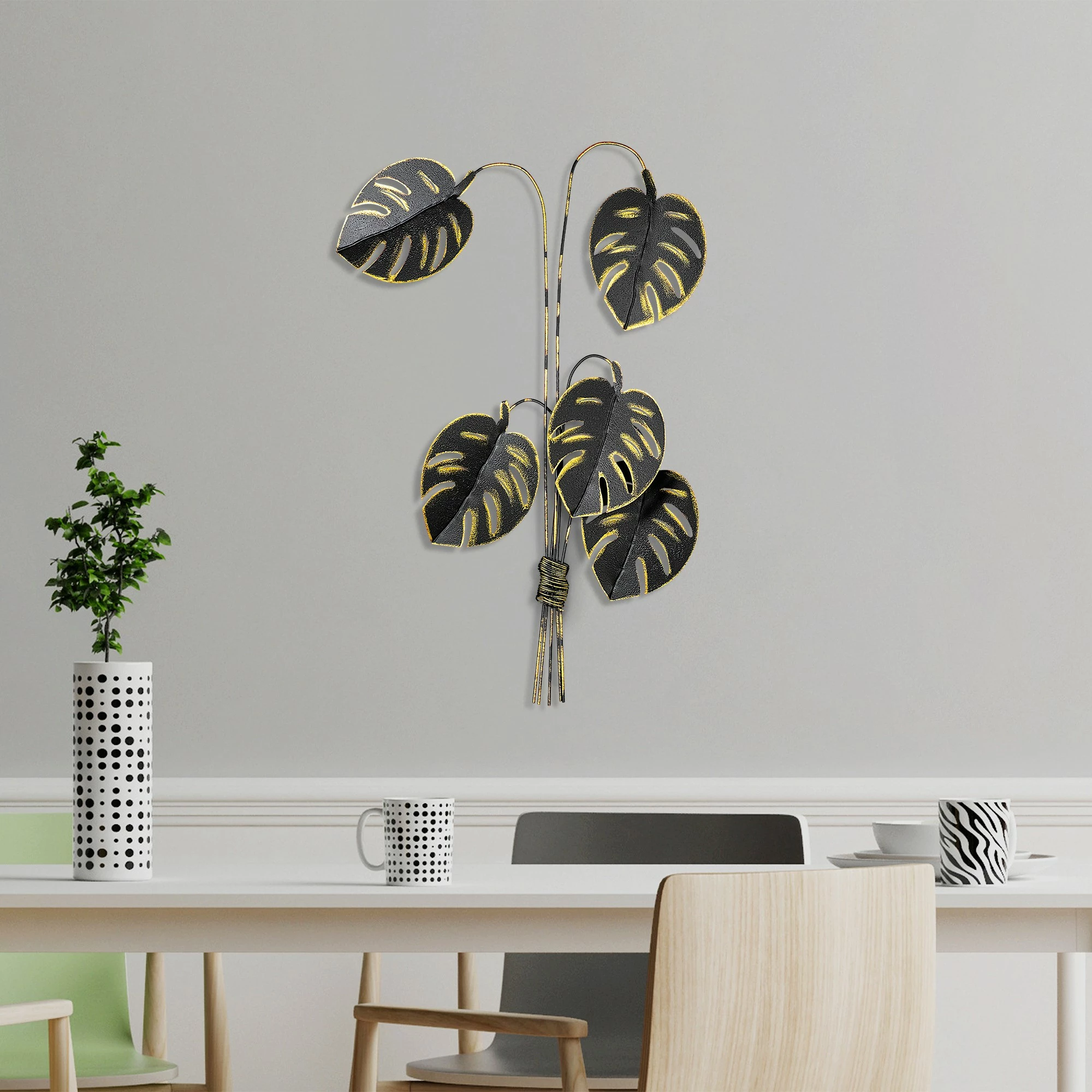 Aksesor dekorativ metalik për mur, Wallity, Monstera, ngjyrë ari
