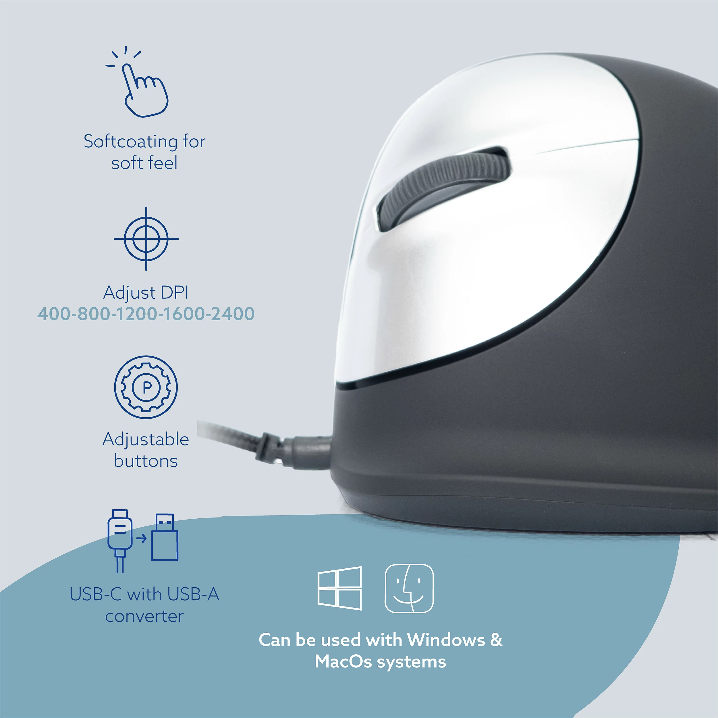 Maus R-Go HE, ergonomik i madh, USB, 2400 DPI, për të majtë, i zi/argjendtë