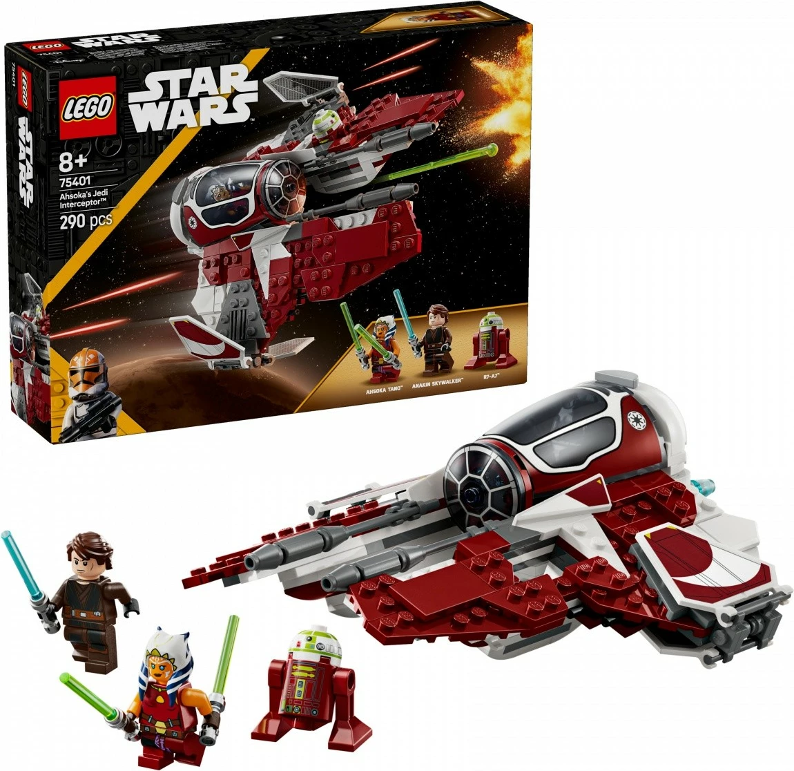 Set LEGO Star Wars Jedi Interceptor Ahsoka 75401, 290 pjesë, për fëmijë, e kuqe