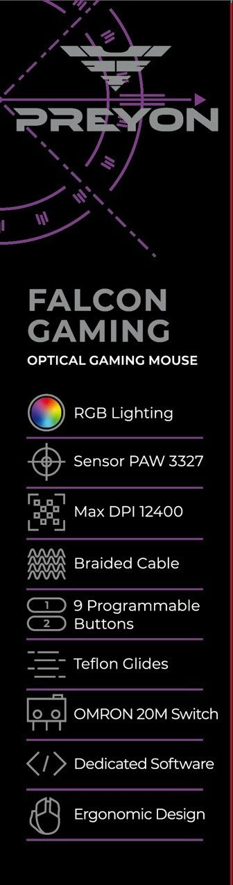 Maus gaming PREYON Falcon PFG27B, 12400 DPI, 9 butona, USB me kabllo, RGB, i zi