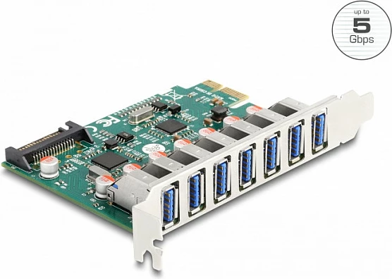 Kartë zgjerimi PCIe DeLOCK x1, 7x USB-A 5Gbps USB 3.2 Gen 1, SATA 15-pin, gjelbër/hiri