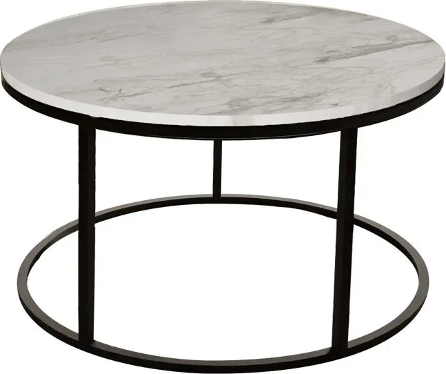 Tavolinë e ulët Sikele, pamje mermeri të bardhë, këmbë metalike të zeza, Φ60x40cm