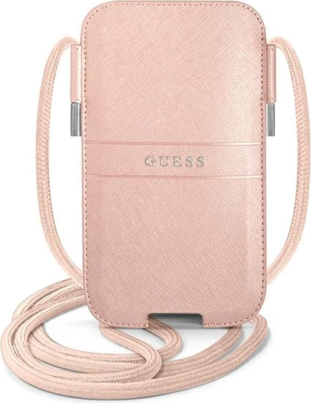 Çantë për celular Guess Saffiano Strap 6.7\" 180x105mm, me rrip, TPU/lëkurë sintetike, roze, në kuti