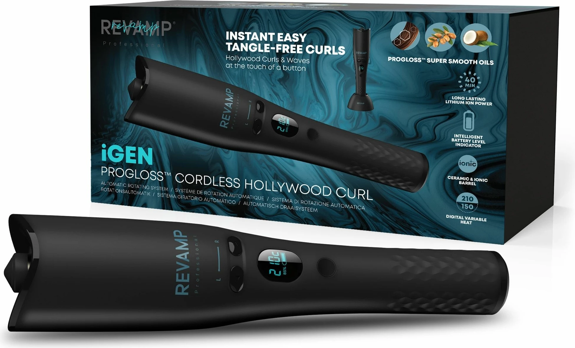 Pajisje automatike për kaçurrela Revamp iGEN Progloss Hollywood Curl CL-2750, pa kabllo, 19 mm, 150–210°C, e zezë, set me bazë karikimi