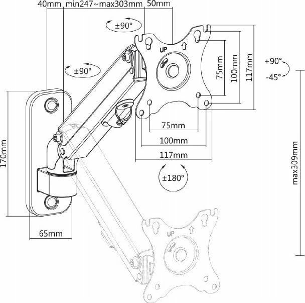 Mbajtëse muri për monitor Maclean MC-458 17-27\" VESA 75x75/100x100, gas spring, max 7 kg, e zezë