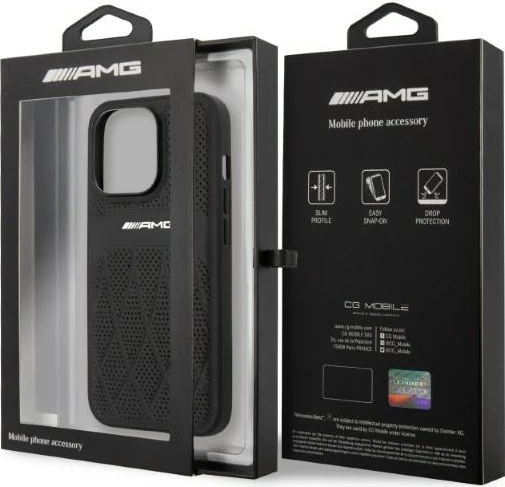 Mbështjellës Mercedes AMG Leather Curved Lines për iPhone 13 Pro Max, i zi